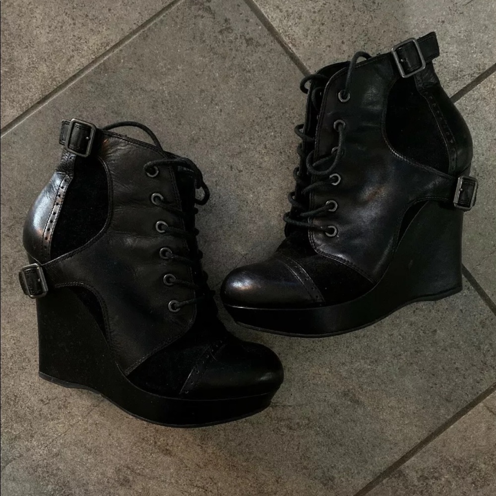Gianni Bini Black Lace Buckle Ankle Wedge Bootie 8